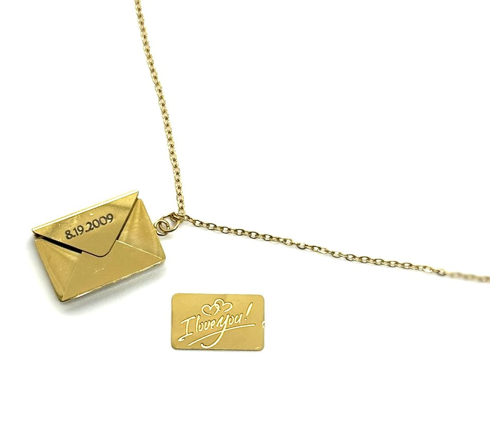 Gold Custom Engraved Stainless Steel Envelope With Letter Necklace