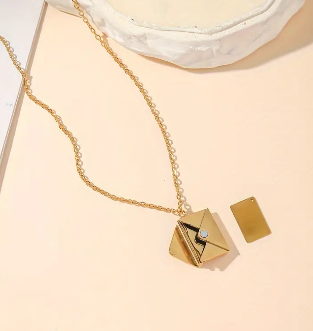 Gold Custom Engraved Stainless Steel Envelope With Letter Necklace