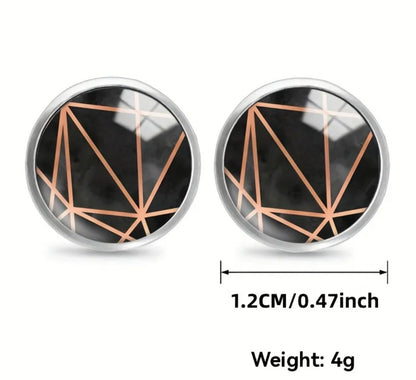 Stainless Steel Geometric Black/Gold Round Glass Earrings