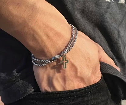 Stainless Steel Double Layer Box Chain Cross Bracelet