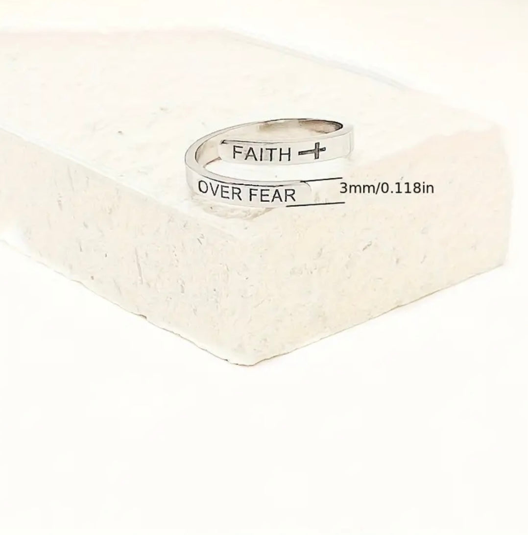 Stainless Steel Faith Over Fear Adjustable Ring