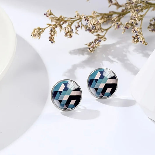 Stainless Steel Geometric Black/Blue Round Glass Earrings