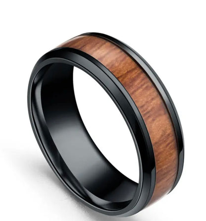 Men’s Black Stainless Steel Vintage Wood Ring