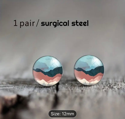 Stainless Steel Mountain Art Round Glass Earrings