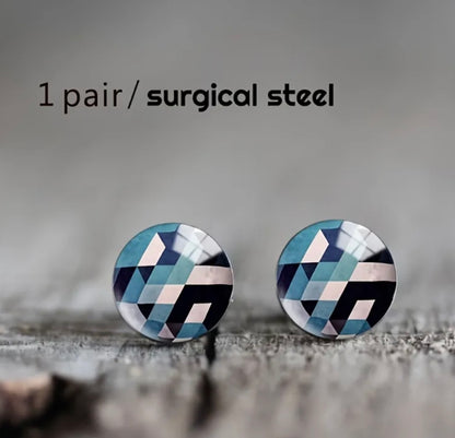 Stainless Steel Geometric Black/Blue Round Glass Earrings