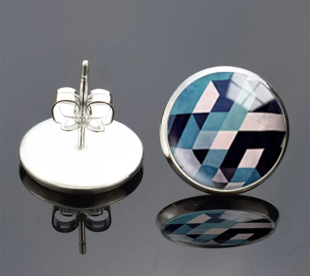 Stainless Steel Geometric Black/Blue Round Glass Earrings