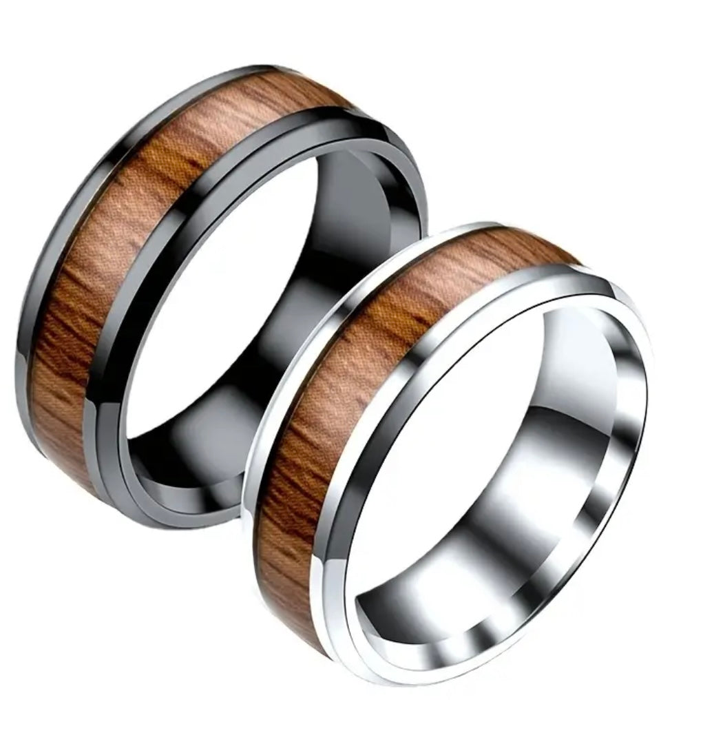 Men’s Silver Stainless Steel Wood Grain Ring