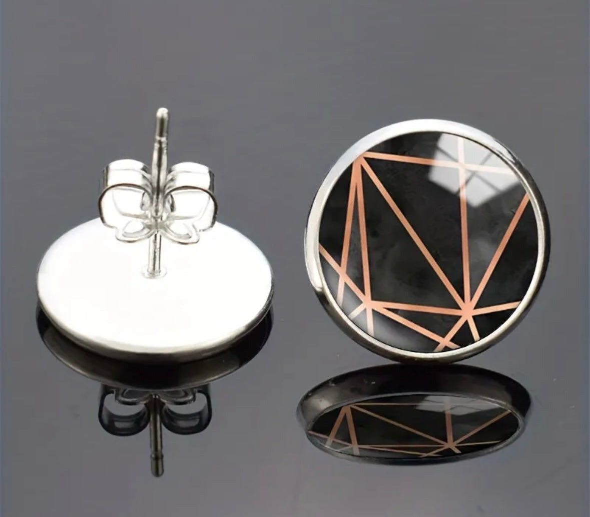 Stainless Steel Geometric Black/Gold Round Glass Earrings