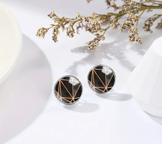 Stainless Steel Geometric Black/Gold Round Glass Earrings