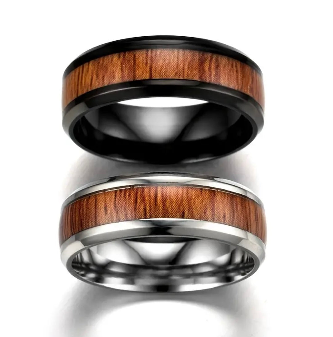 Men’s Silver Stainless Steel Wood Grain Ring