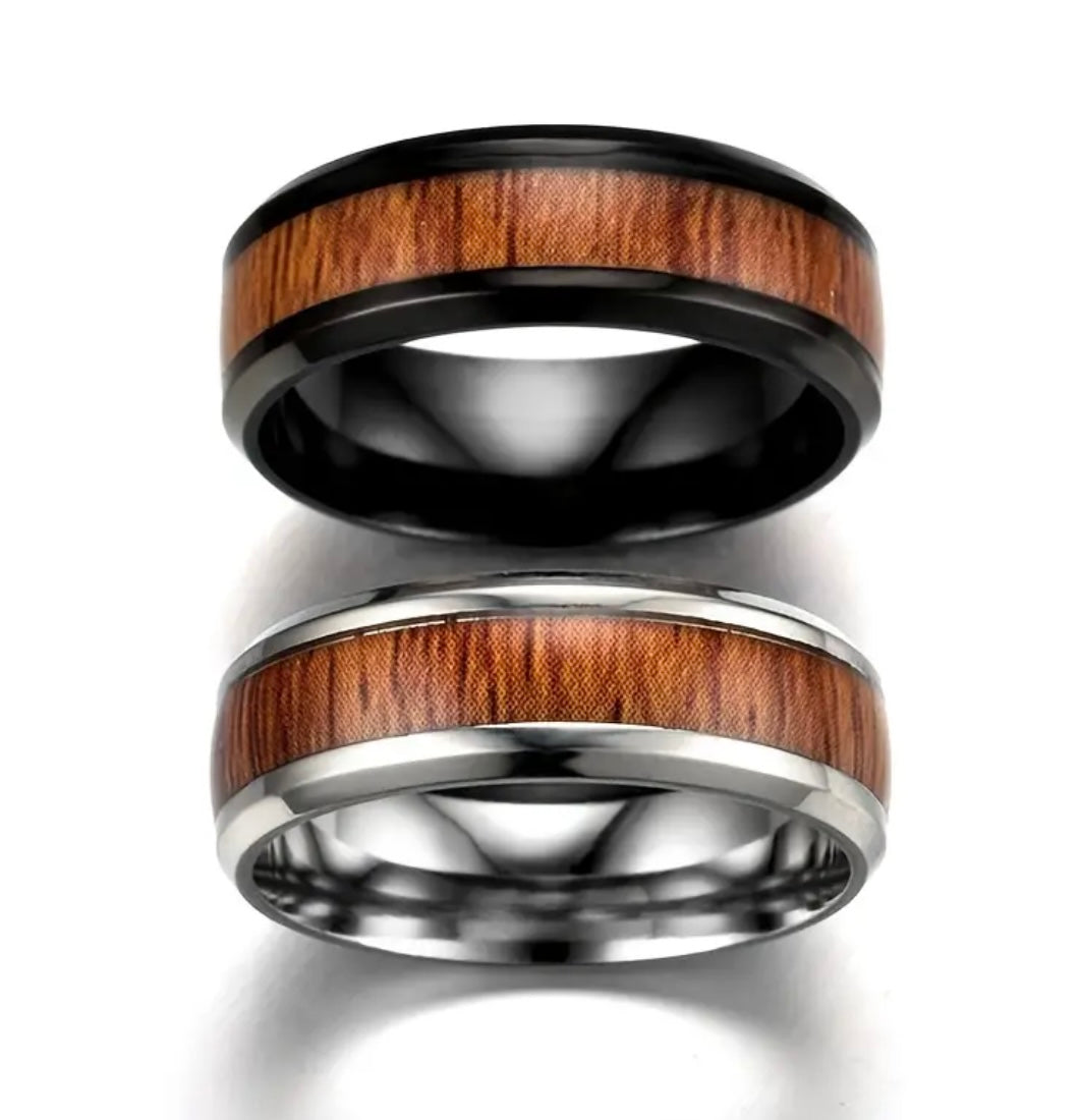 Men’s Black Stainless Steel Vintage Wood Ring