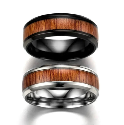 Men’s Black Stainless Steel Vintage Wood Ring