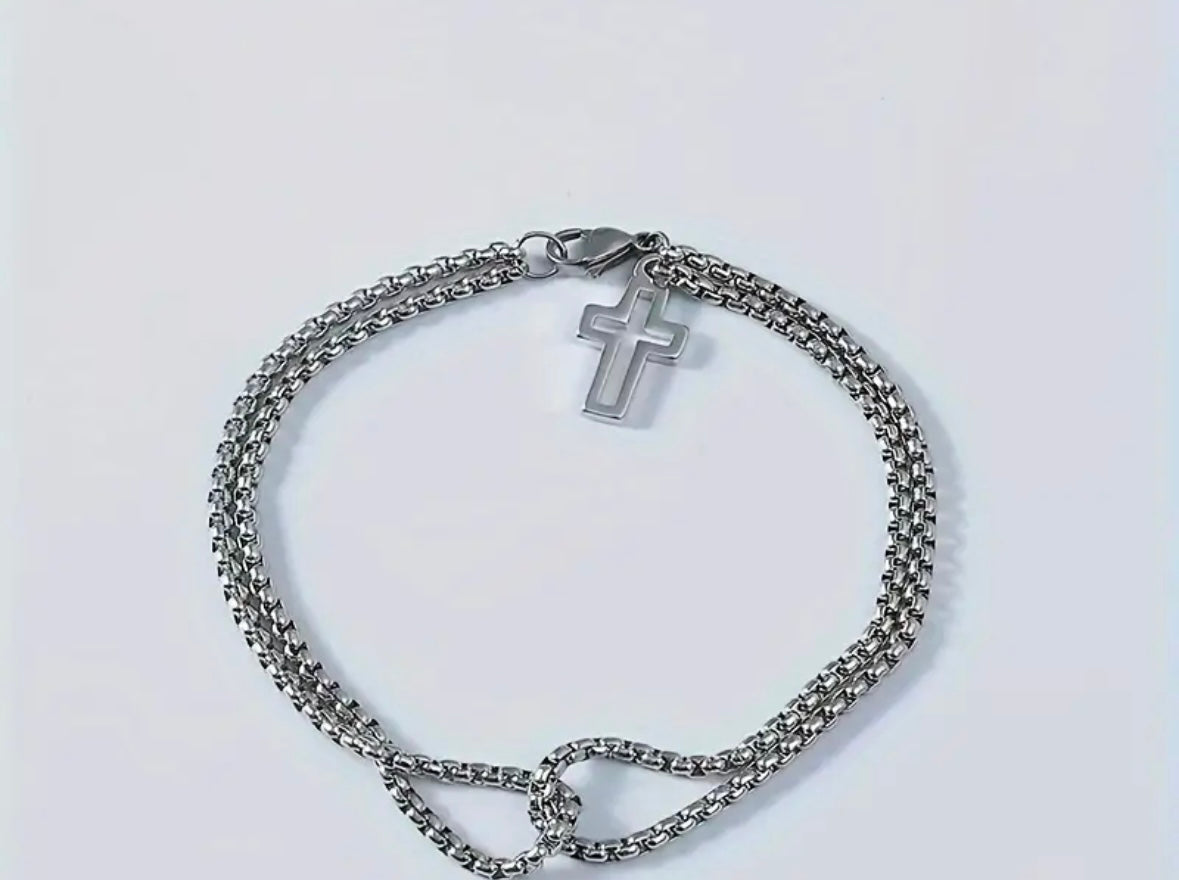 Stainless Steel Double Layer Box Chain Cross Bracelet