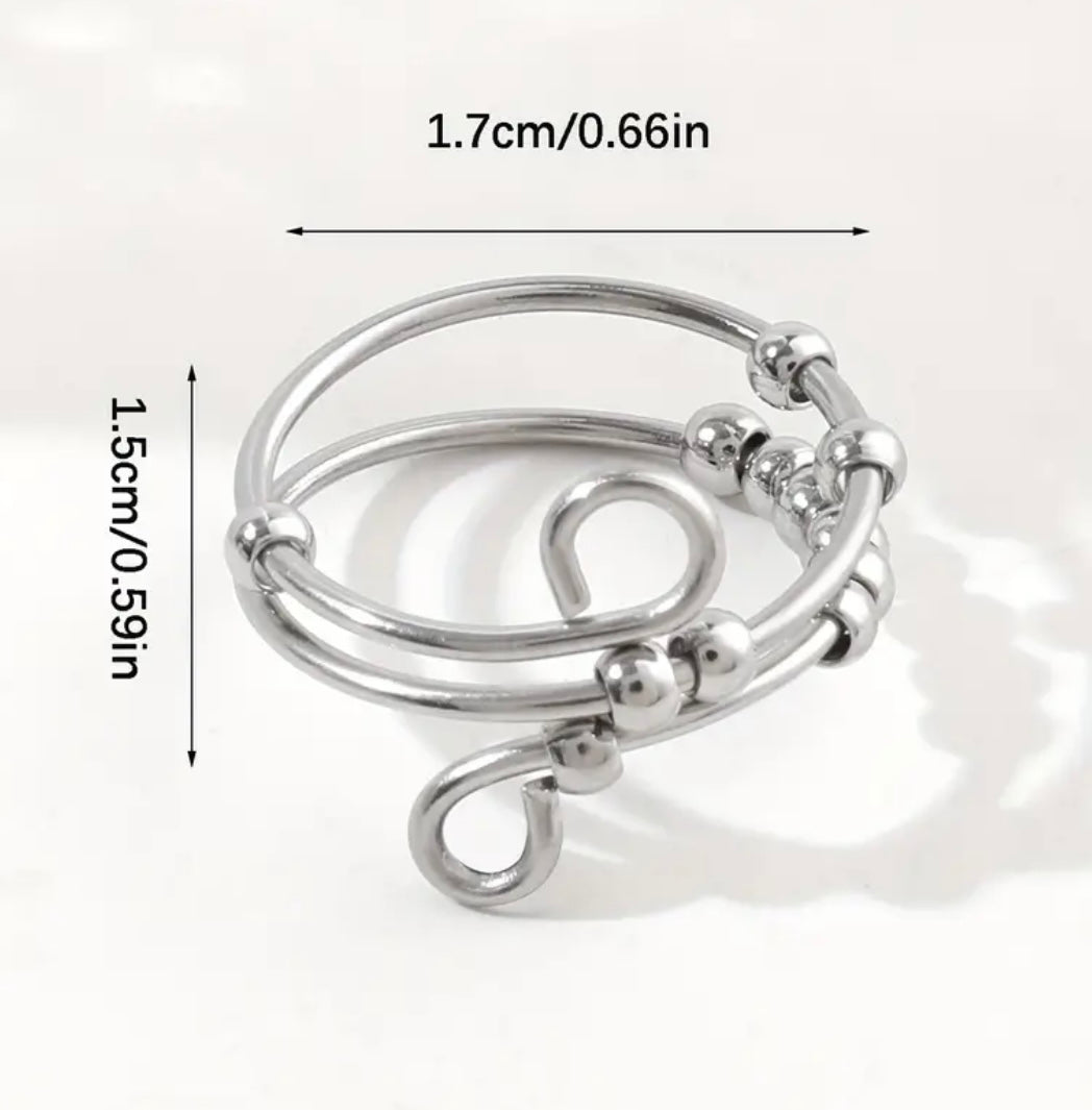 Stainless Steel Silver Adjustable Spinning Ball Fidget Ring