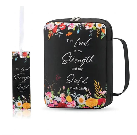 “The Lord Is My Strength” Black Floral Print Bible Case