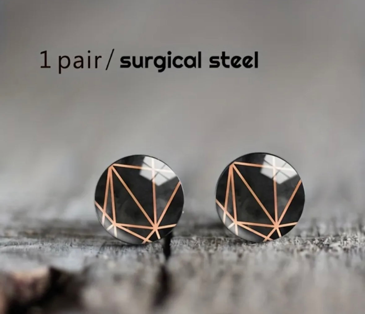 Stainless Steel Geometric Black/Gold Round Glass Earrings