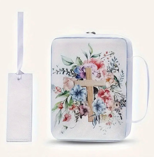 White Floral Cross Print Bible Case