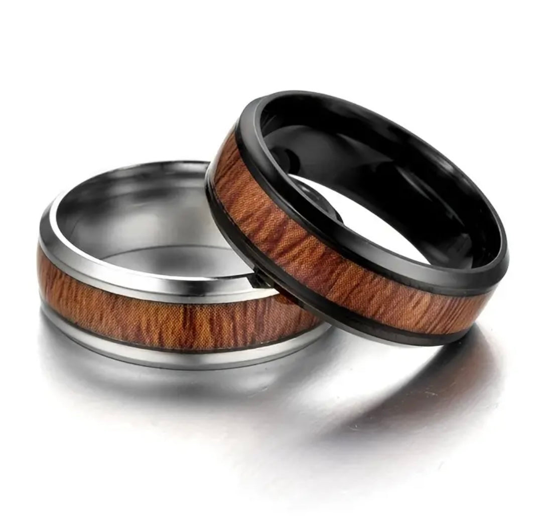 Men’s Black Stainless Steel Vintage Wood Ring