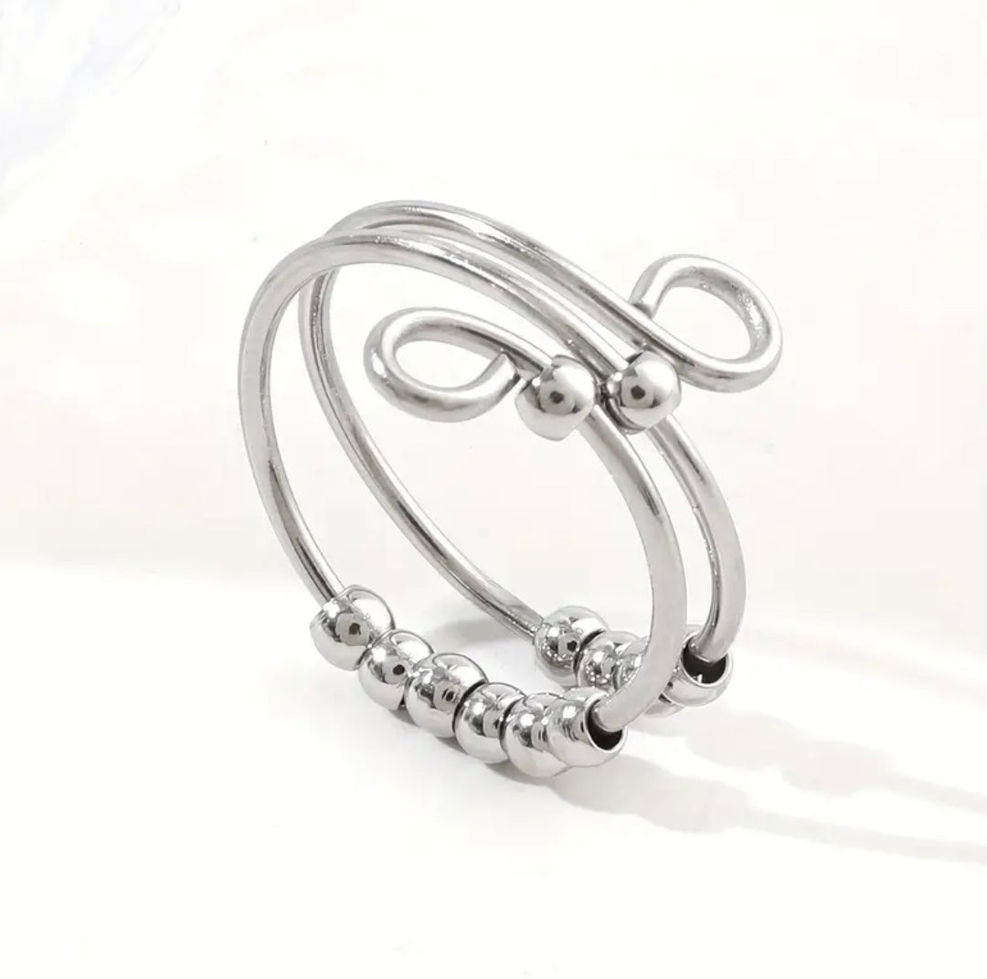 Stainless Steel Silver Adjustable Spinning Ball Fidget Ring