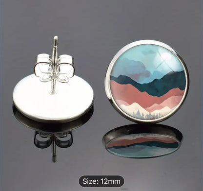 Stainless Steel Mountain Art Round Glass Earrings