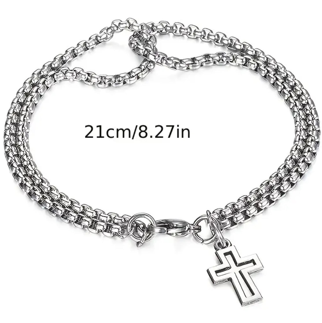 Stainless Steel Double Layer Box Chain Cross Bracelet