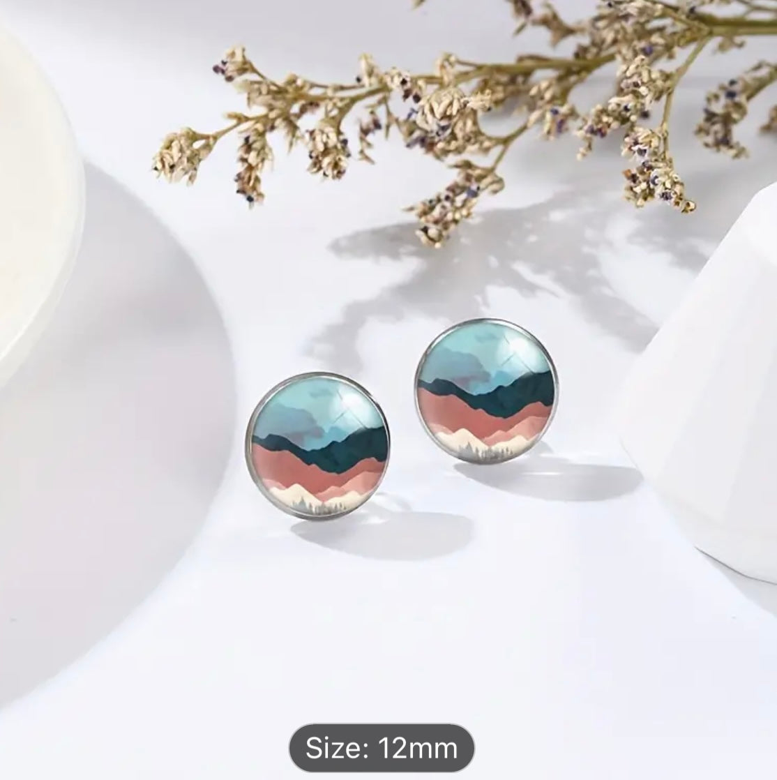 Stainless Steel Mountain Art Round Glass Earrings