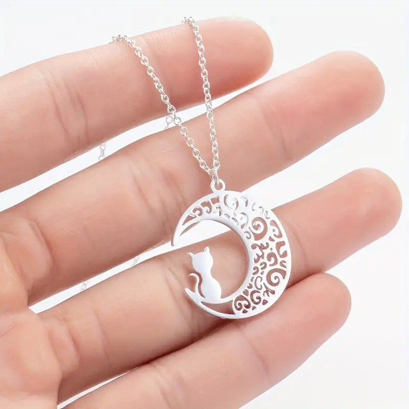 Stainless Steel Cat on the Moon Necklace