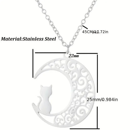 Stainless Steel Cat on the Moon Necklace