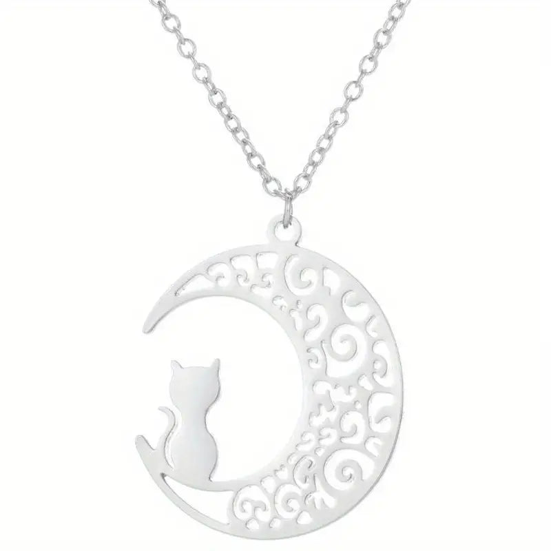 Stainless Steel Cat on the Moon Necklace