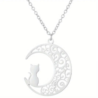 Stainless Steel Cat on the Moon Necklace