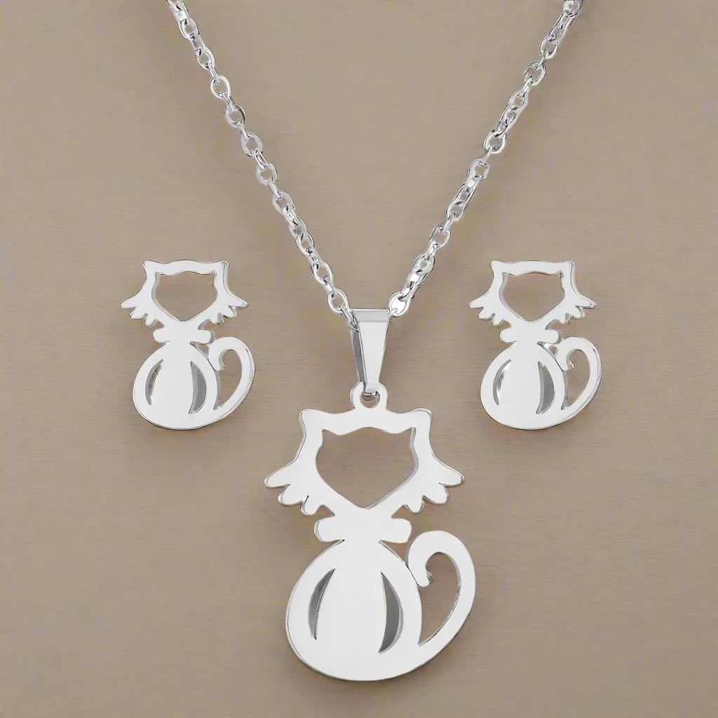 3pc Stainless Steel Cat Necklace and Earring Set