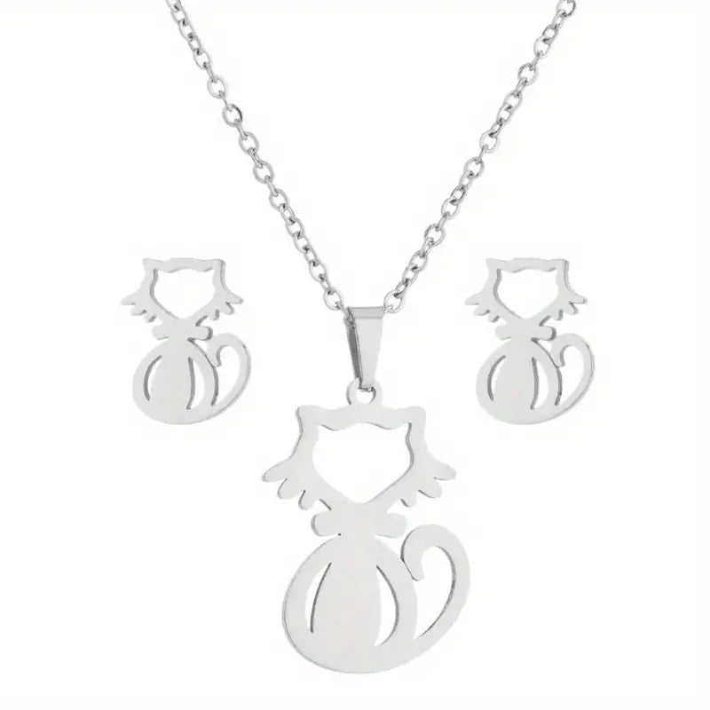 3pc Stainless Steel Cat Necklace and Earring Set