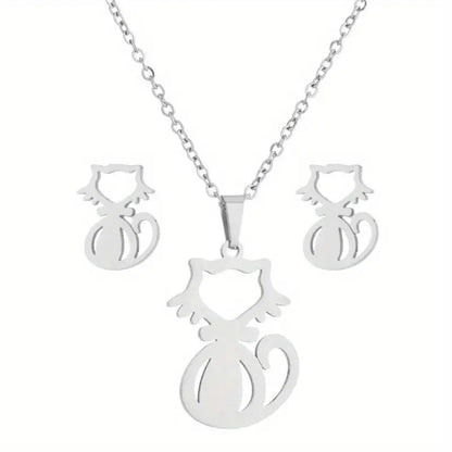 3pc Stainless Steel Cat Necklace and Earring Set