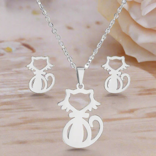 3pc Stainless Steel Cat Necklace and Earring Set