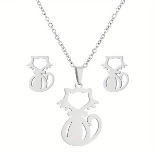 3pcs New Stainless Steel Sitting Cat Necklace and Earring Set