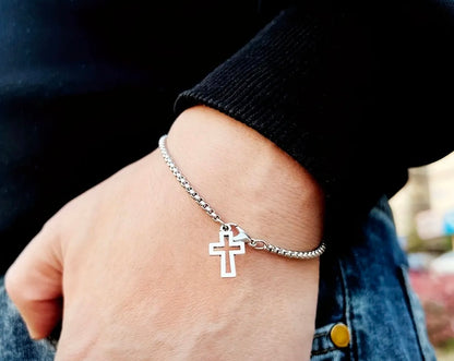 Stainless Steel Box Chain Cross Bracelet