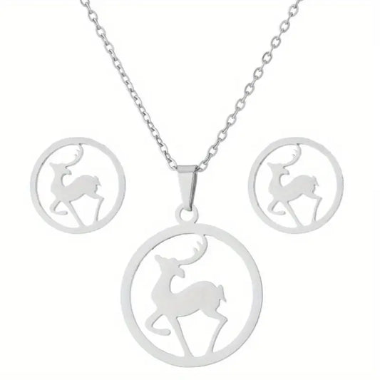 3pcs New Stainless Steel Prancing Reindeer Necklace and Earring Set