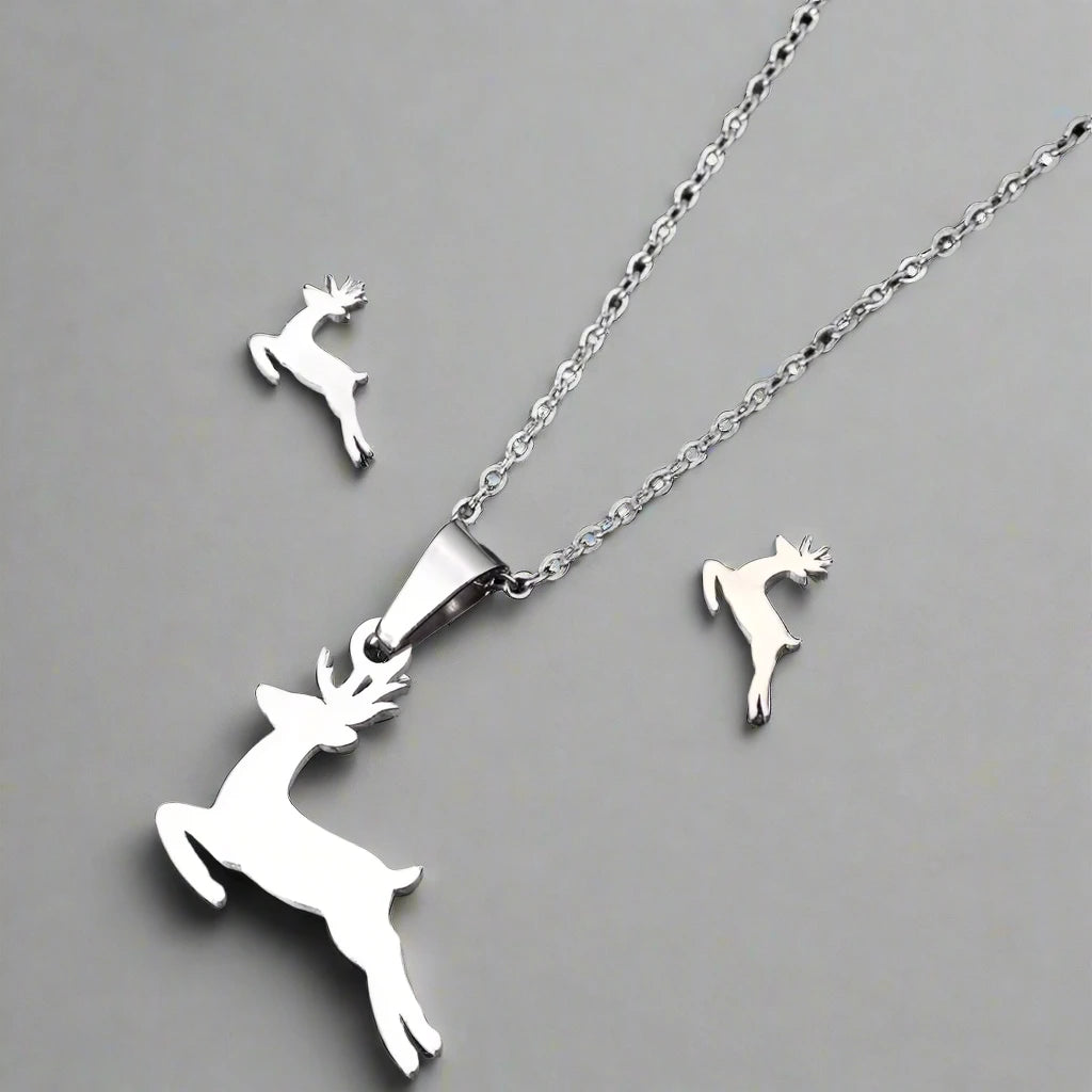 3pc Stainless Steel Reindeer Necklace and Earring Set