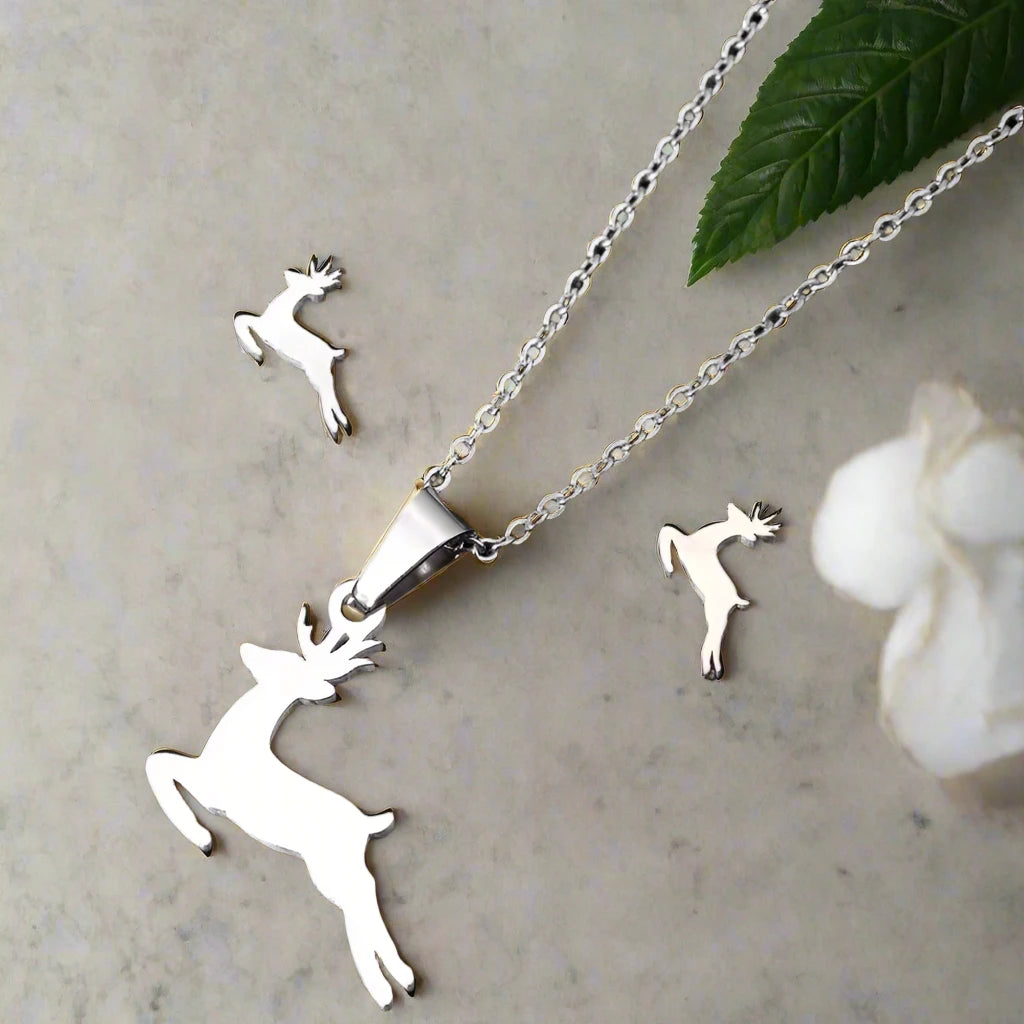 3pc Stainless Steel Reindeer Necklace and Earring Set