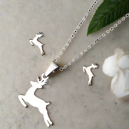 3pc Stainless Steel Reindeer Necklace and Earring Set