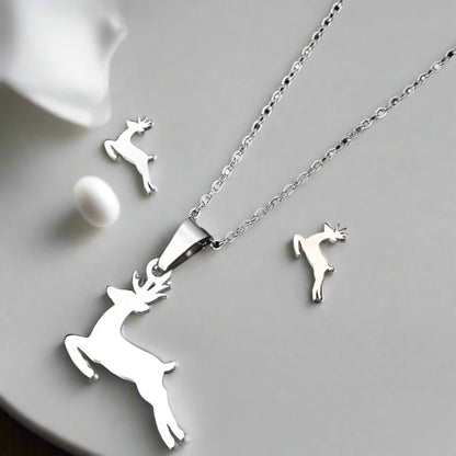 3pc Stainless Steel Reindeer Necklace and Earring Set