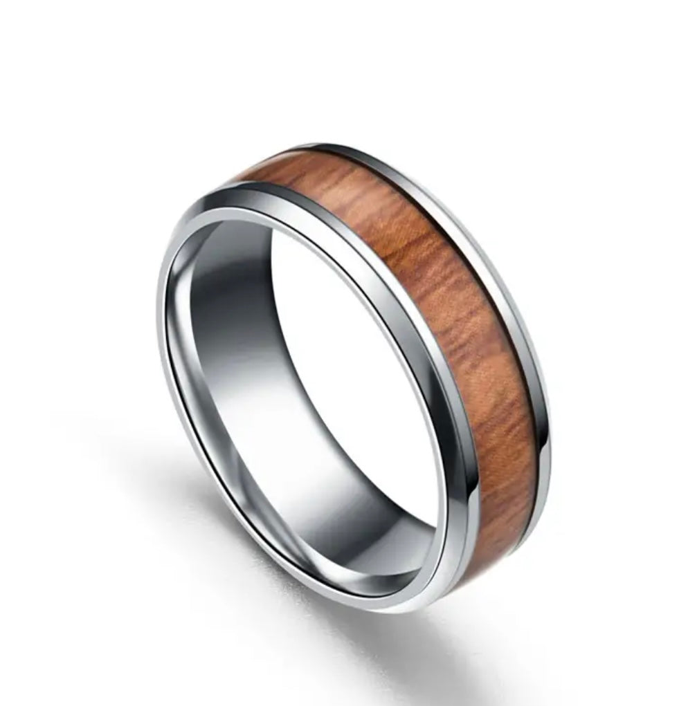 Men’s Silver Stainless Steel Wood Grain Ring