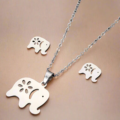 3pc Stainless Steel Cute Elephant Necklace and Earring Set