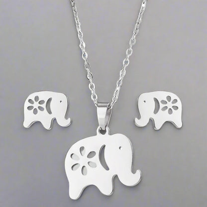 3pc Stainless Steel Cute Elephant Necklace and Earring Set