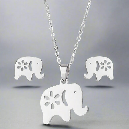 3pc Stainless Steel Cute Elephant Necklace and Earring Set