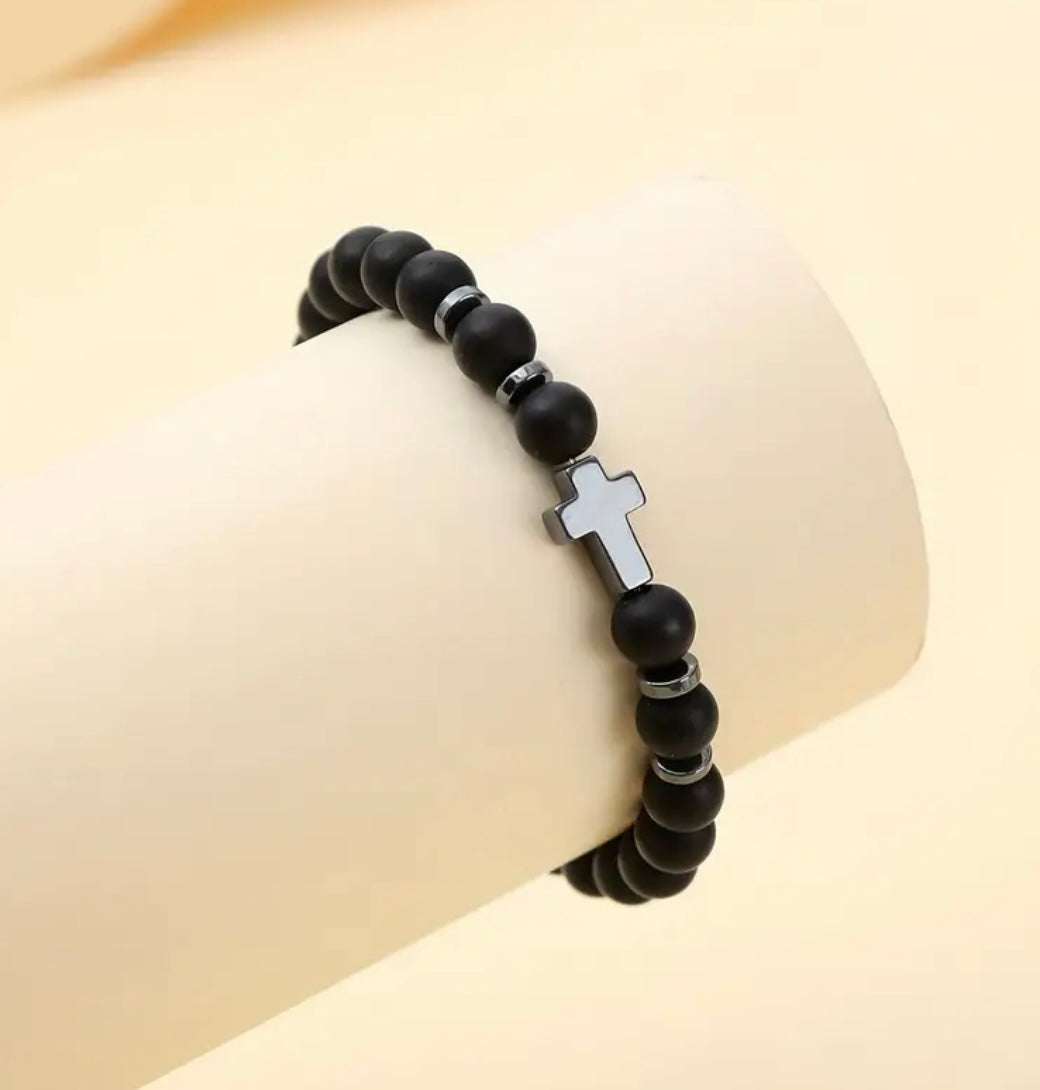 Black Beaded Cross Bracelet