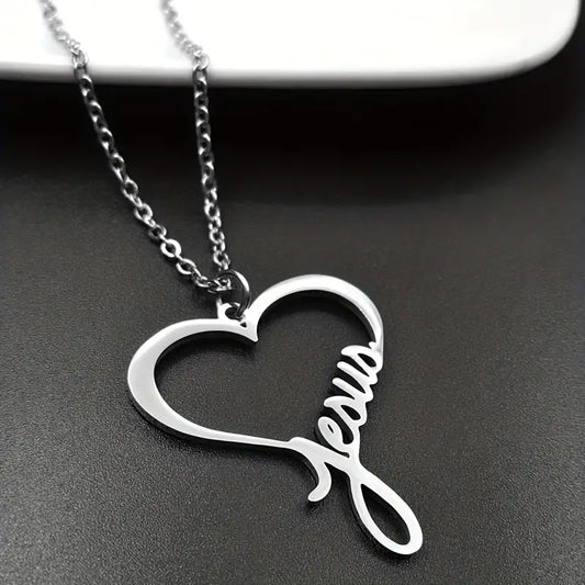 Stainless Steel Hollow Heart Jesus Pendant Necklace