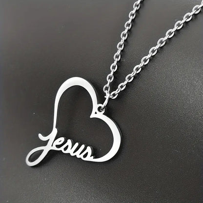 Stainless Steel Hollow Heart Jesus Pendant Necklace