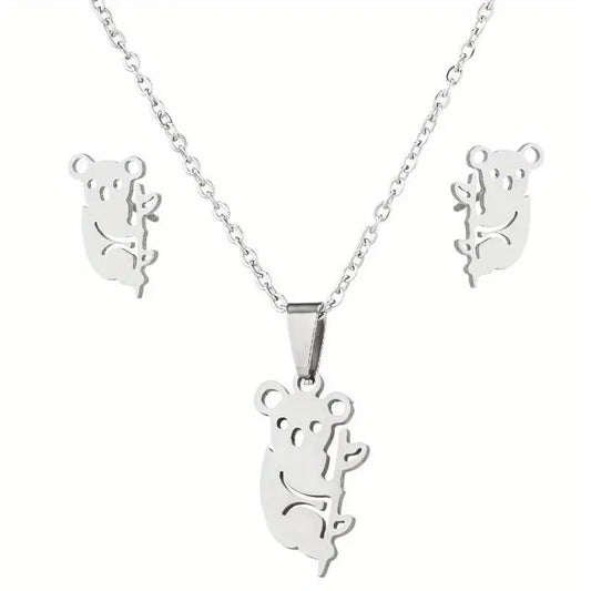 Stainless Steel 3 Piece Koala Necklace and Earring Set