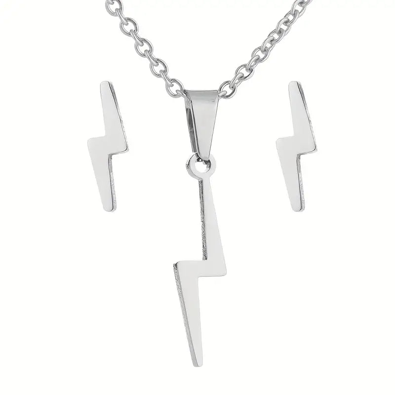 Stainless Steel Lightning Bolt Necklace and Earring Set